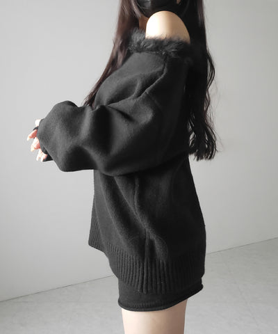【 ニットセットアップ 】フェイクファーワンショルオーバーニット + ニットショートパンツ SET / fake fur one-shoulder over knit + knit short pants SET