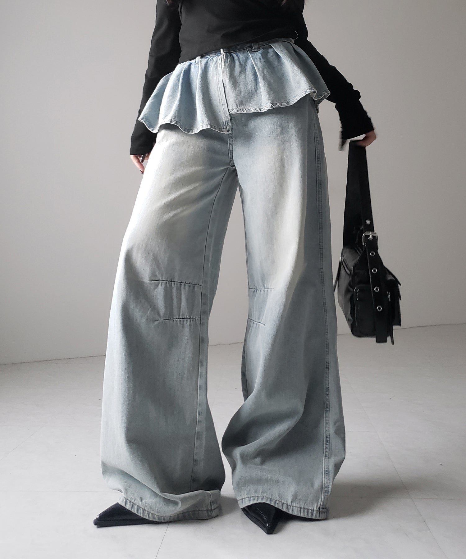 【 2color / 4size 】フリルドッキングレイヤードヴィンテージワイドデニム / frll docking layered vintage wide denim