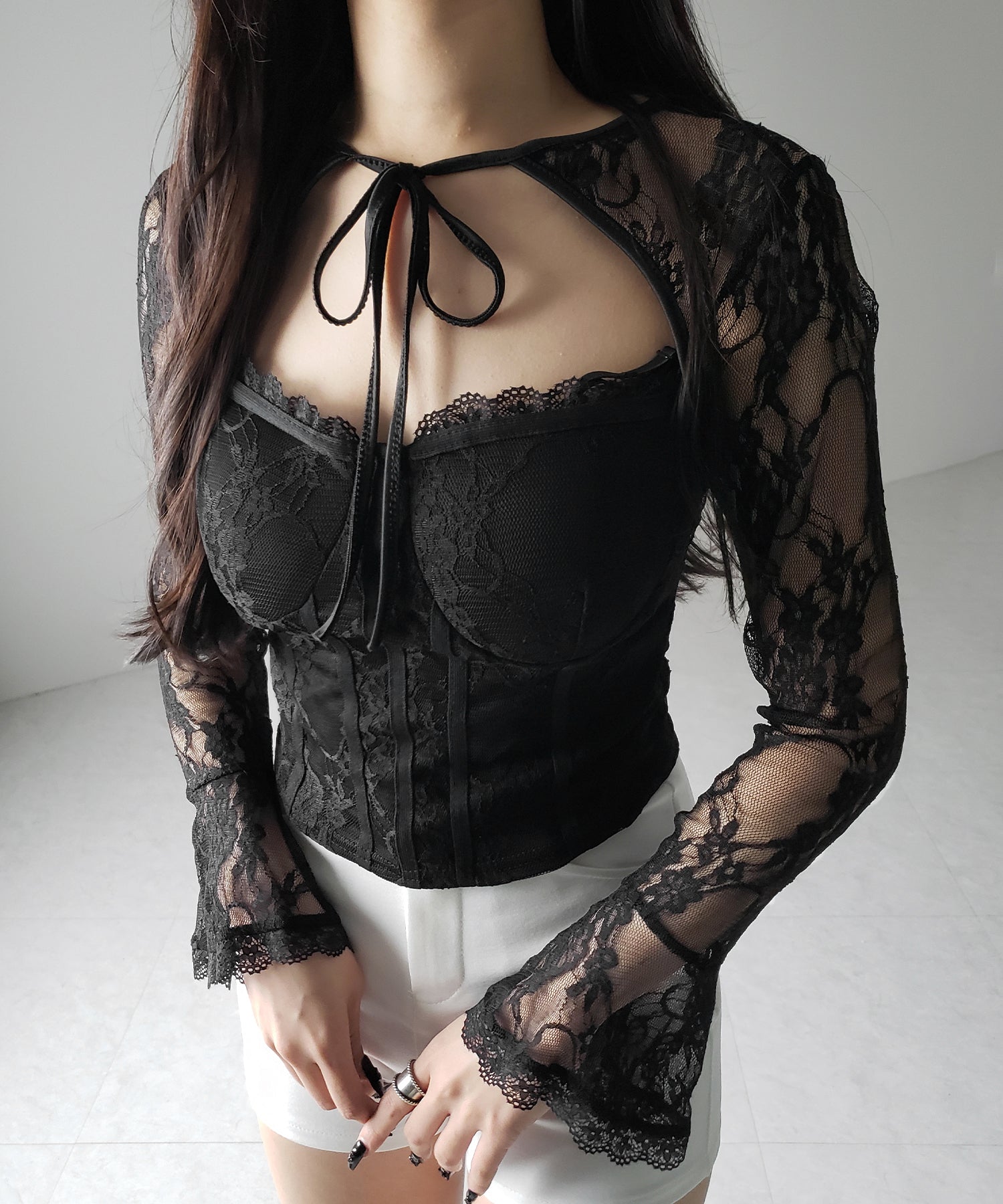 【 2color 】チョーカーネックリボンコルセットレーストップス / choker neck ribbon corset lace tops