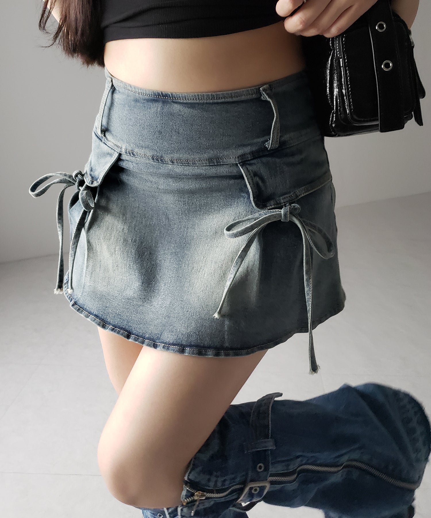 【 2color / 3size 】ヴィンテージライクリボンデニムミニスカパン / vintage like ribbon denim mini skirt pants