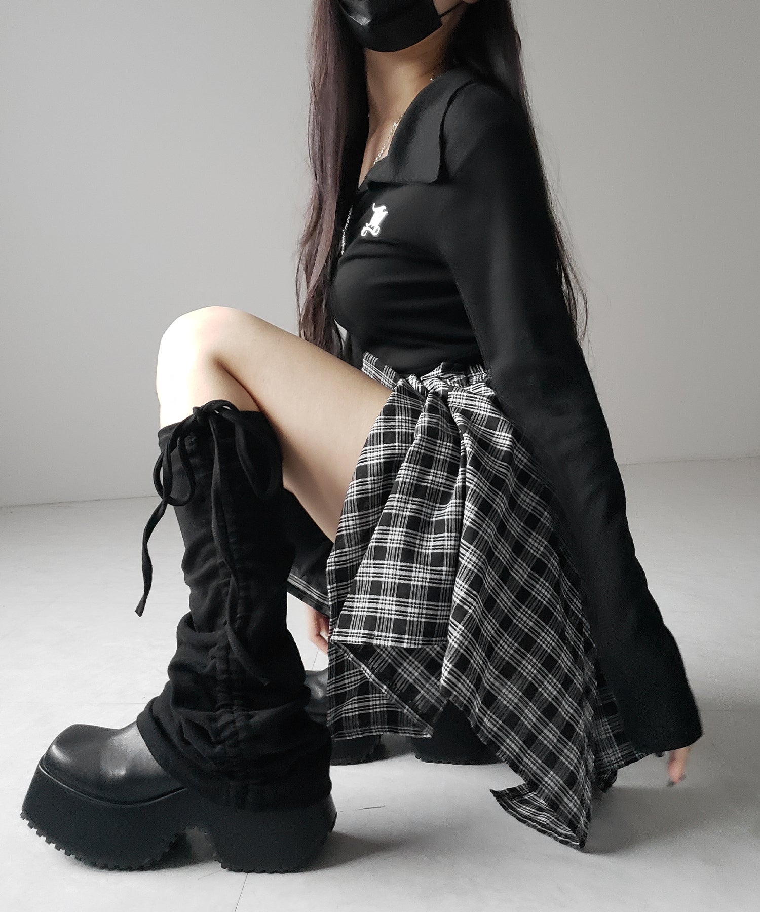 【 選べる2素材/インナーパンツ裏地付 】シャツレイヤードチェックミニスカート / shirt layered check mini skirt