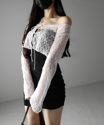 ダブルストラップリボンショートレースカーディガン /double strap ribbon short lace cardigan