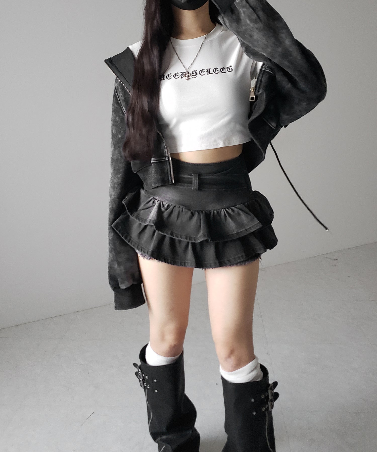 【 2color 】ベルテッドフリルヴィンテージデニムミニスカパン / Belted frill vintage denim mini skirt pants