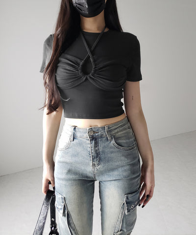 クロスネックレイヤードシャーリングTシャツ / cross neck layered shirring T-shirt