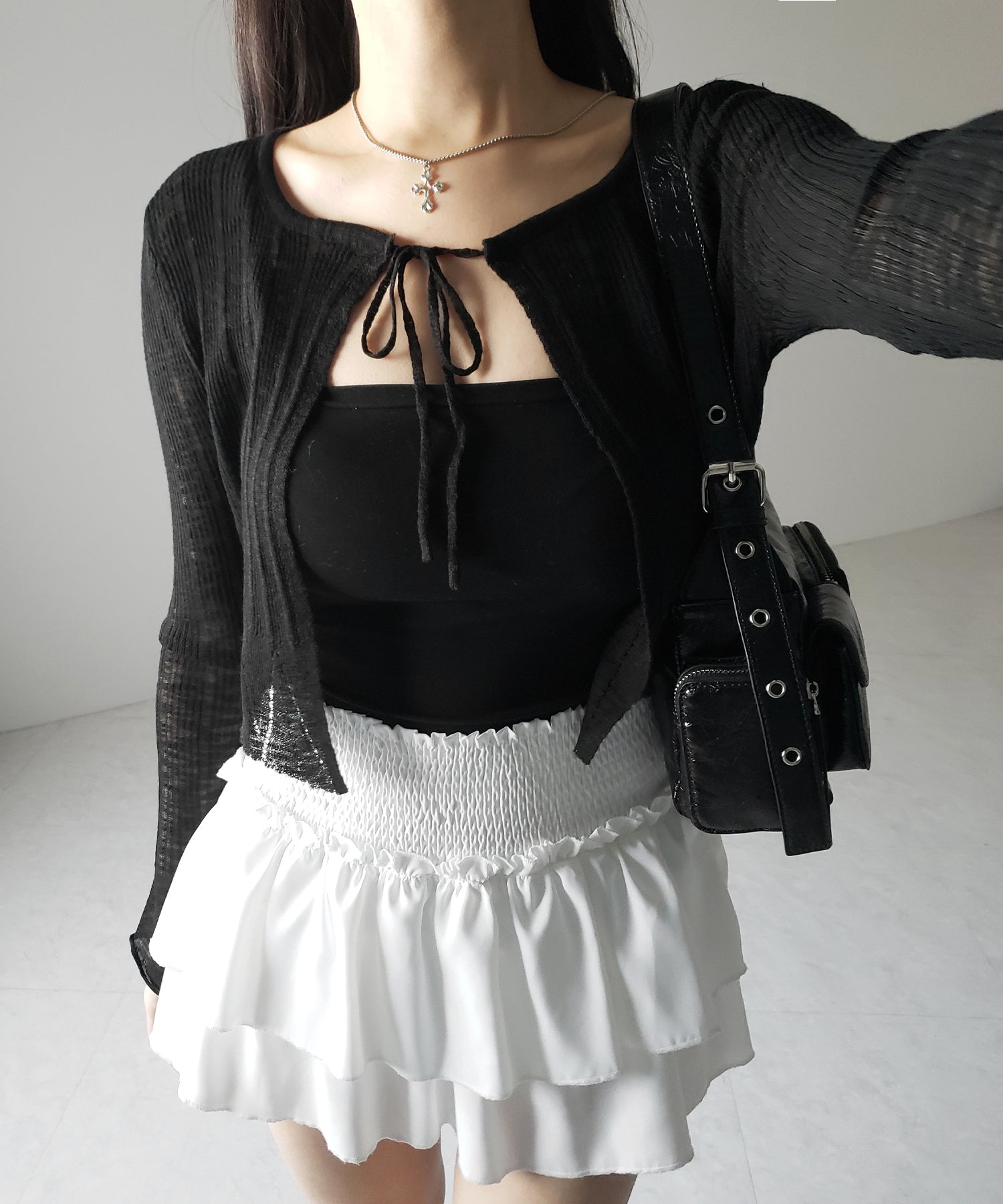 【 2color 】フロントリボンシアーニットショートカーディガン / front ribbon sheer knit short cardigan