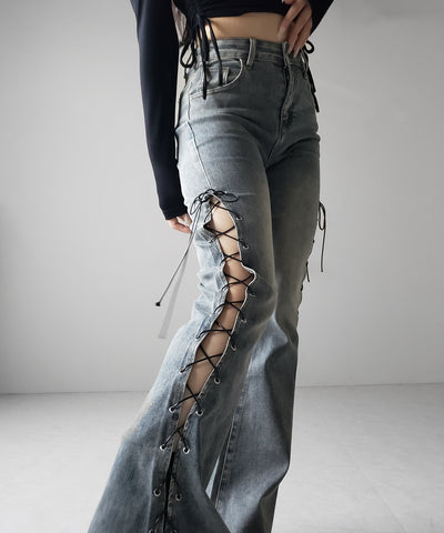レースアップカットアウトストレッチフレアデニム / lace up cutout stretch flare denim