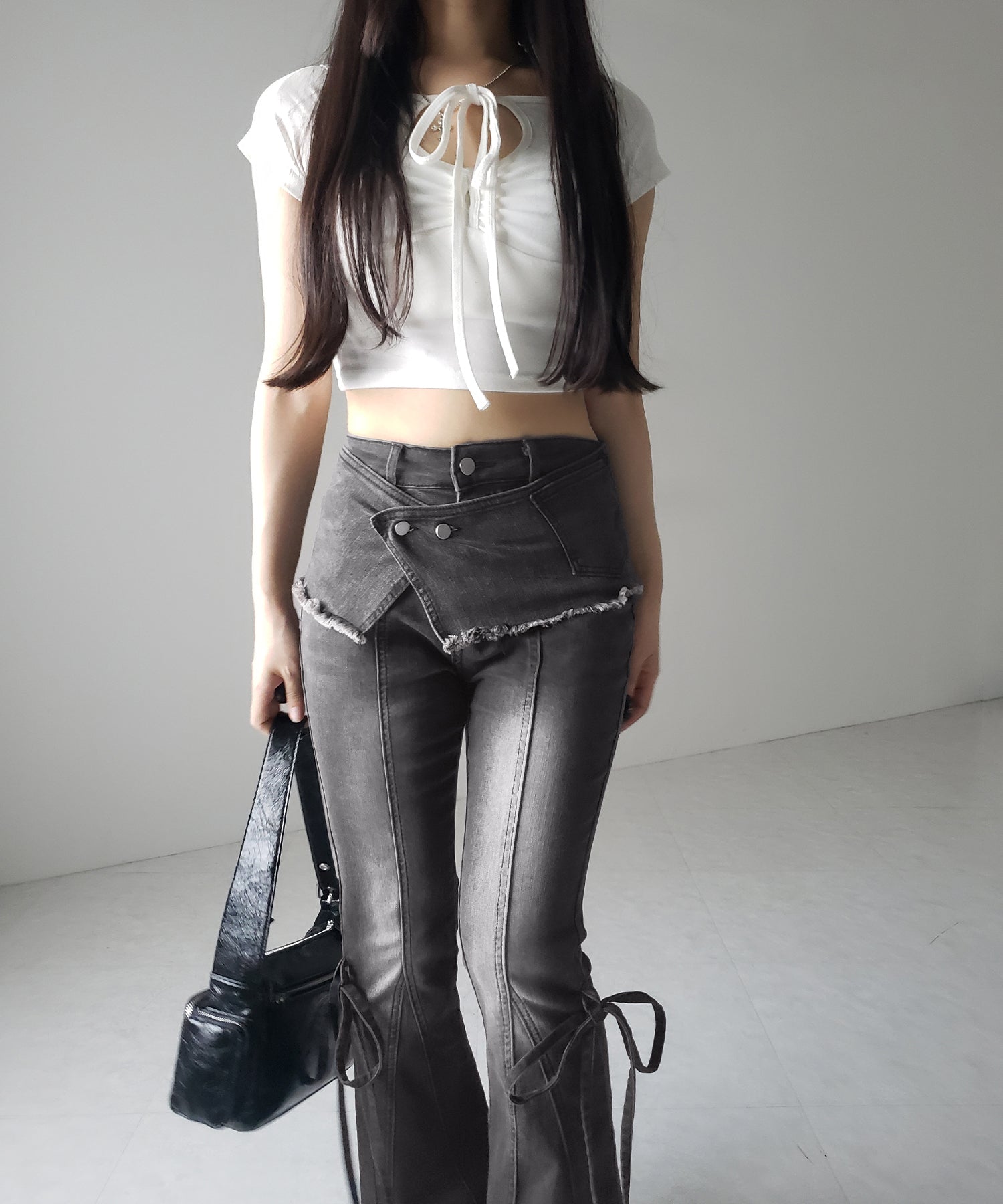【 2color / 4size 】ストラップリボンヴィンテージストレッチフレアデニム / strap ribbon vintage stretch flare denim