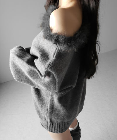【 ニットセットアップ 】フェイクファーワンショルオーバーニット + ニットショートパンツ SET / fake fur one-shoulder over knit + knit short pants SET