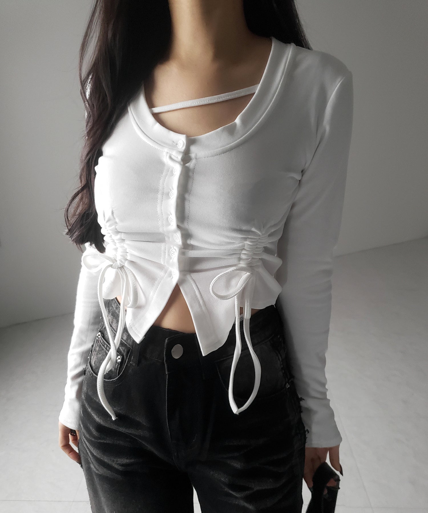 【 2color / 裏起毛 】ナナメストラップダブルシャーリングリボントップス / naname strap double shirring ribbon tops
