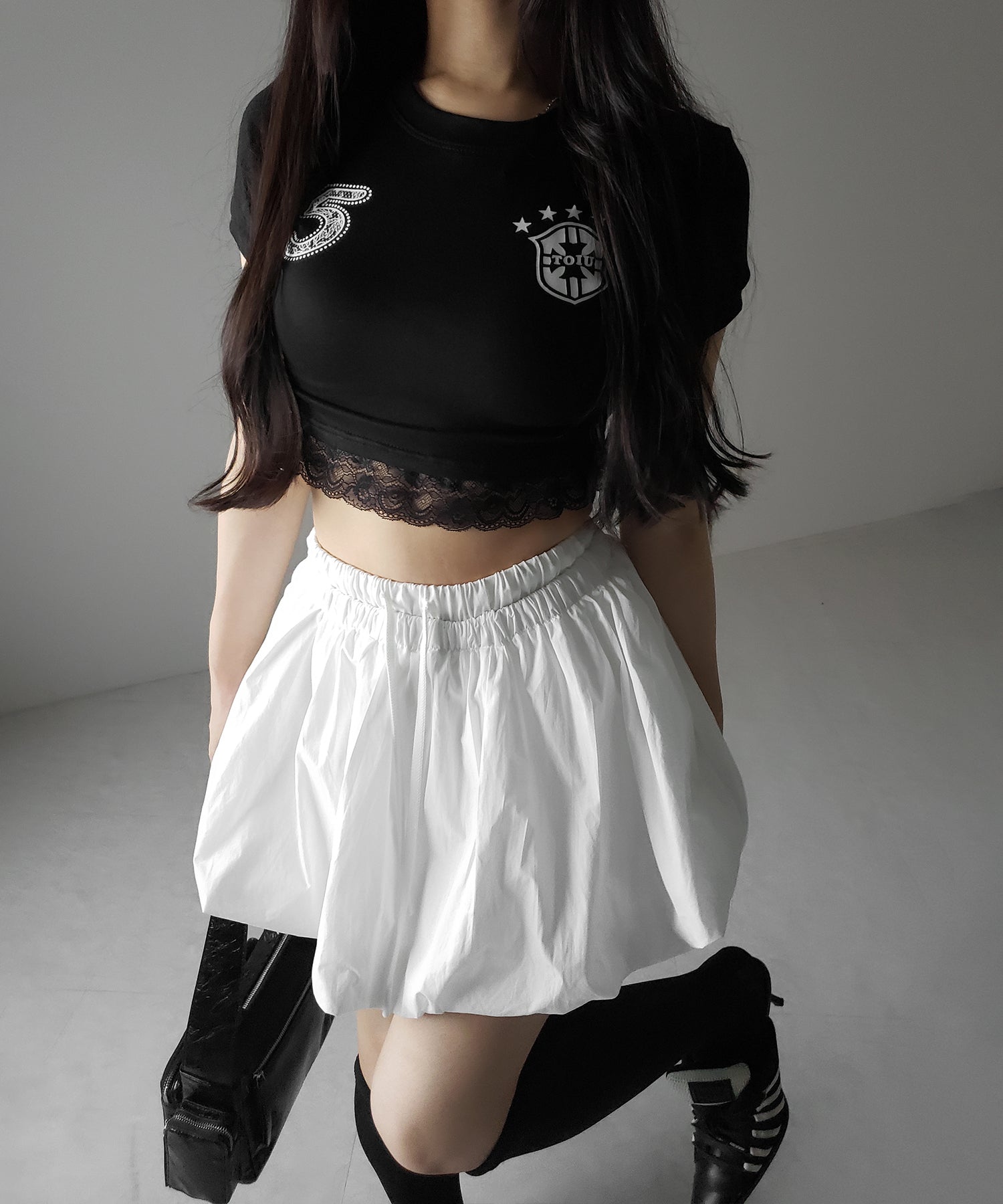 【 2color /インパン裏地付き 】フェイクレイヤードコットンバルーンミニスカート / fake layered cotton balloon mini skirt