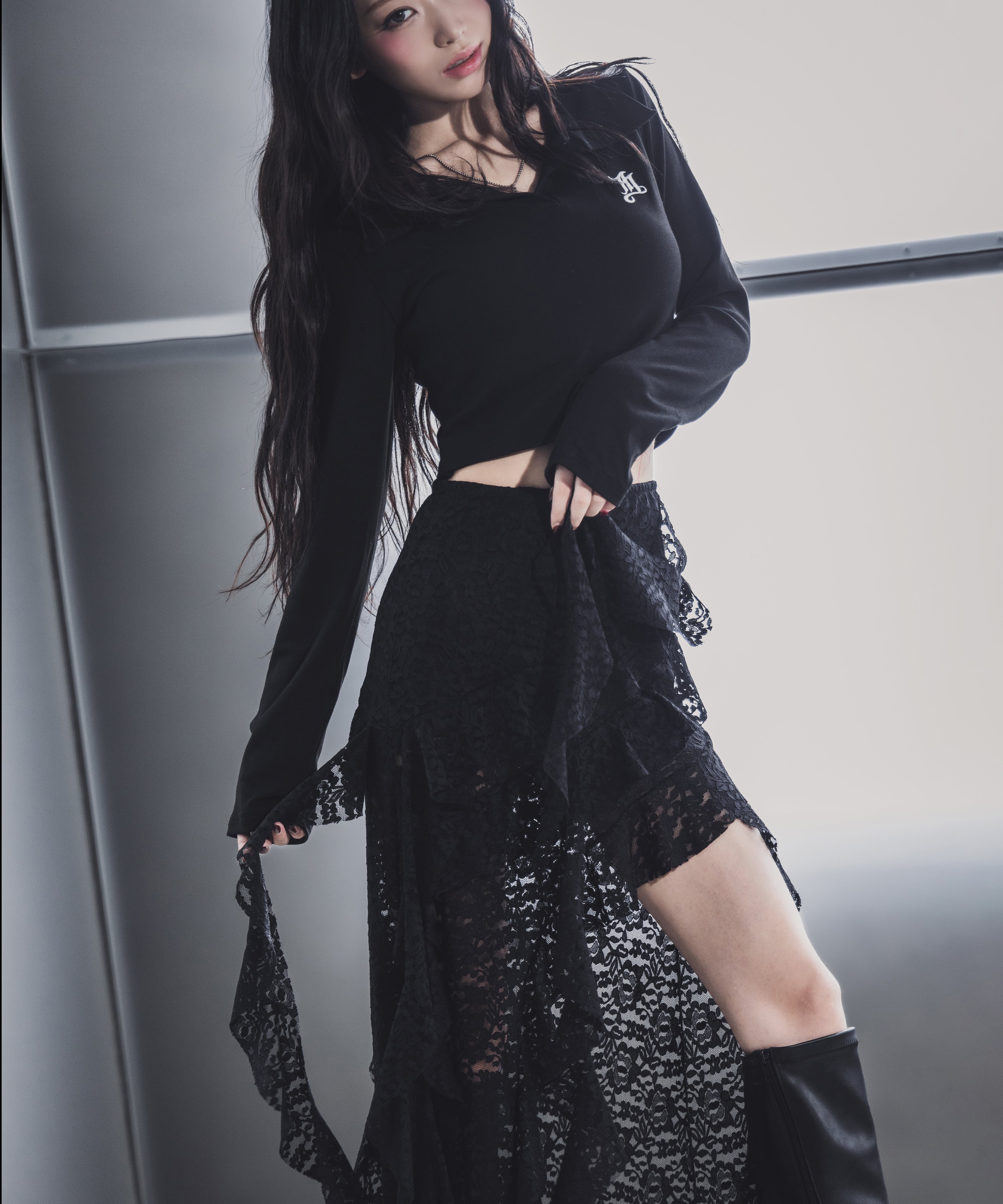 【 裏地付 】アシンメトリーフリルレーススリットロングスカート / asymmetry frill lace slit long skirt