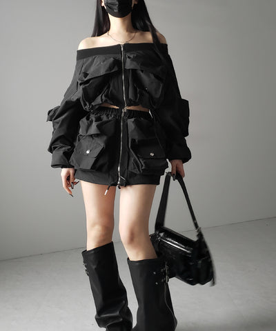 【 セットアップ 】アウトポケットオフショルカーゴブルゾン & ダブルジップカーゴミニスカート SET / out pocket off shoulder cargo blouson & double zip cargo mini skirt SET