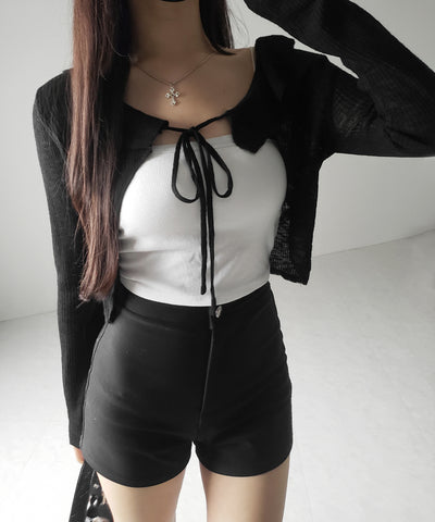 【 2color 】襟付きフロントリボンシアーニットショートカーディガン / collar front ribbon sheer knit short cardigan