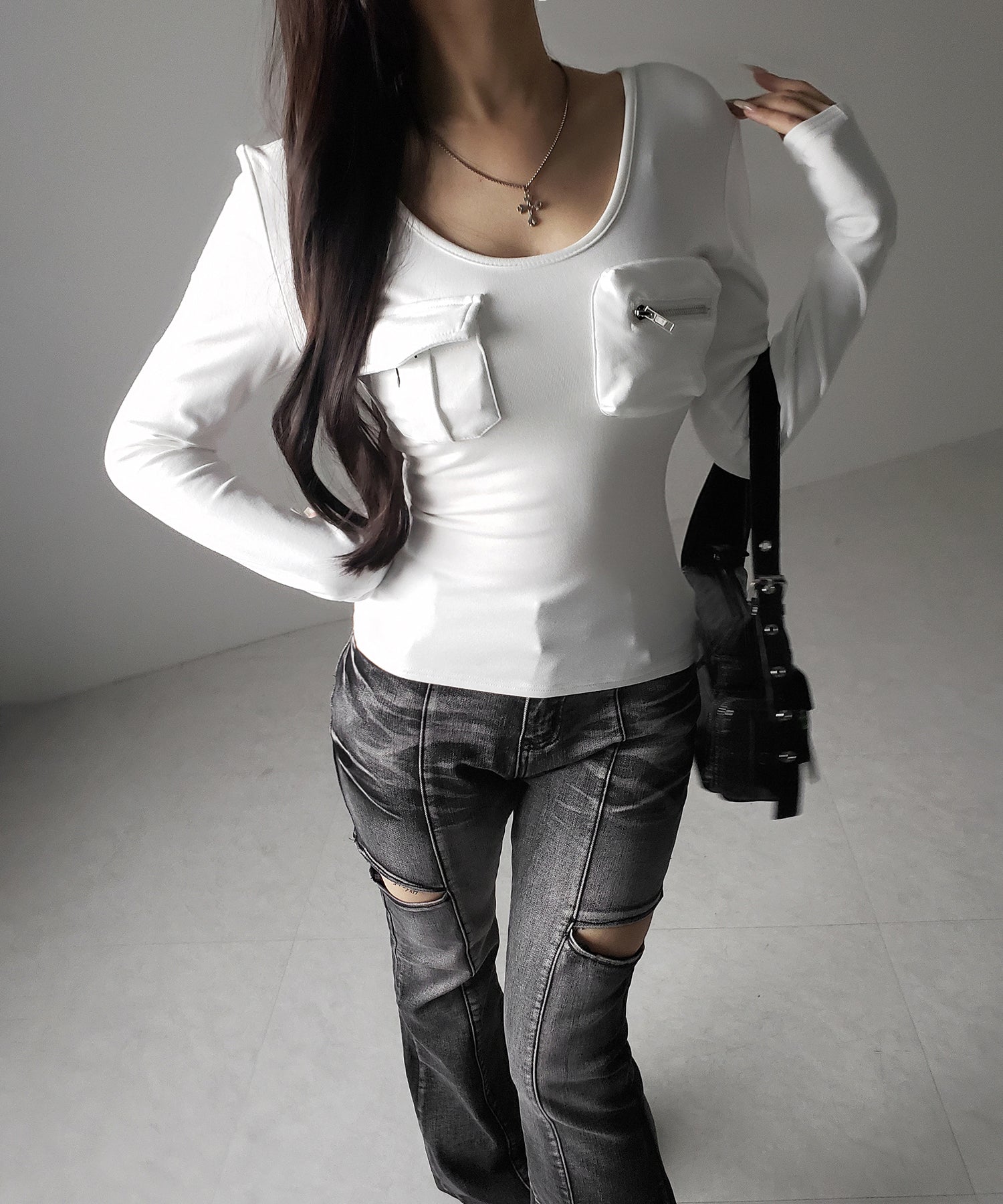 【 裏起毛 】アウトポケットオープンネックスリムトップス / out pocket open neck slim tops