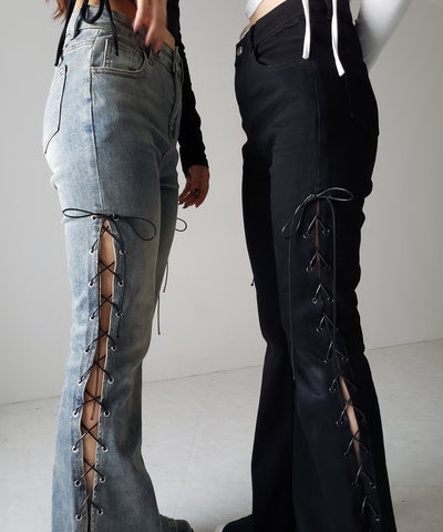 レースアップカットアウトストレッチフレアデニム / lace up cutout stretch flare denim