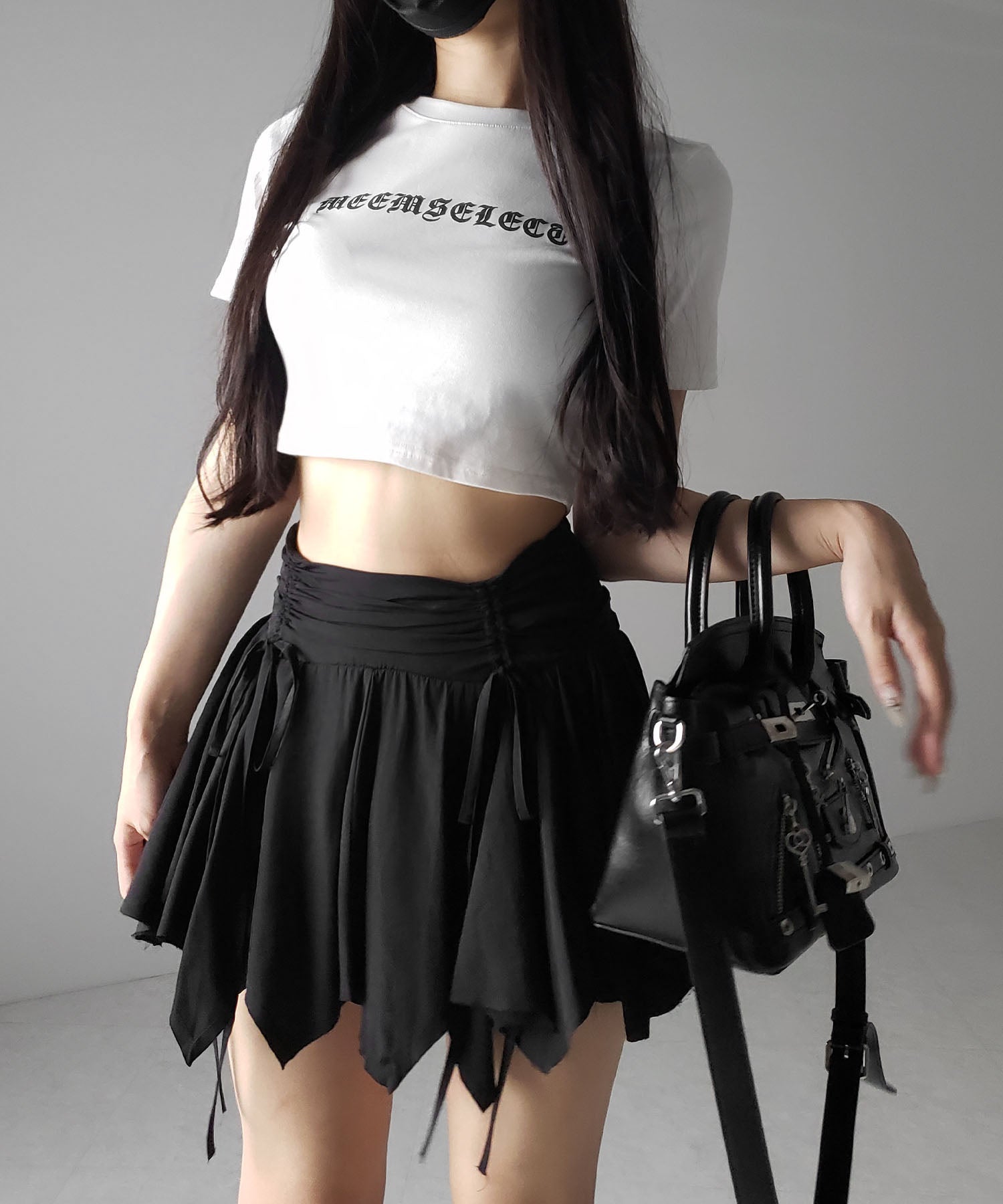 【 2color / 2size 】シャーリングダブルリボンアシンメトリーフリルミニスカート / shirrin double ribbon asymmetry frill mini skirt
