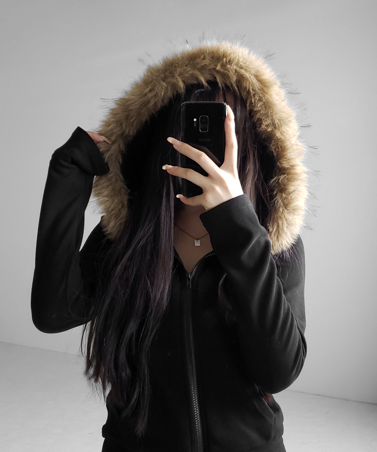フェイクファーフーディジップアップパーカー / fake fur hooded zipup hoodie