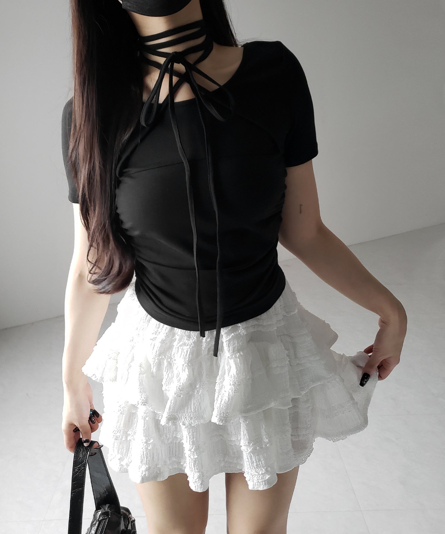 クロスストラップロングチョーカー半袖リボントップス / cross strap long choker short sleeve ribbon tops