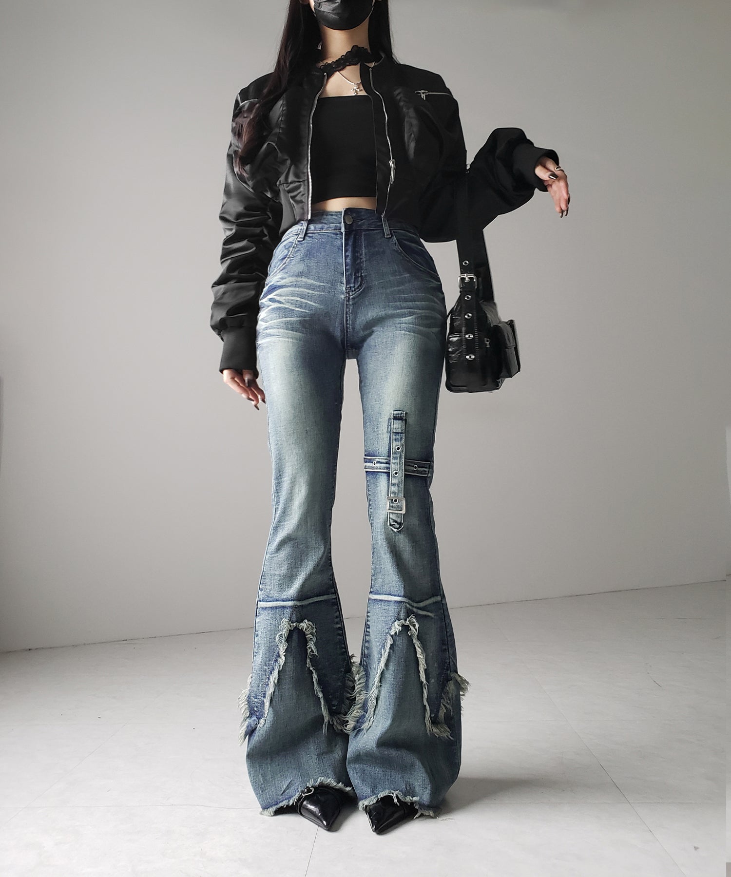 クロスデザインヴィンテージライクフリンジストレッチフレアデニム / cross design vintage-like fringe stretch flare denim