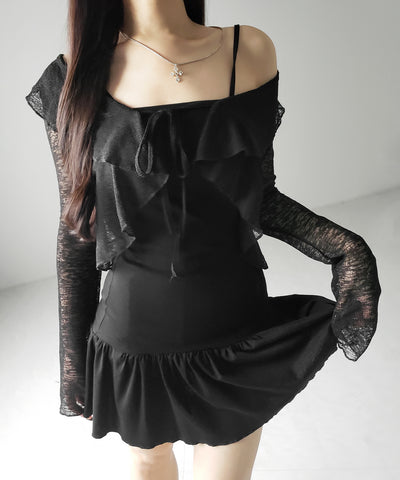 【 2点セット 】フレアキャミワンピ &シアーフリルリボンカーディガン ワンホンセットアップ / flare camisole onepiece & sheer frill ribbon cardigan wanghong SETUP