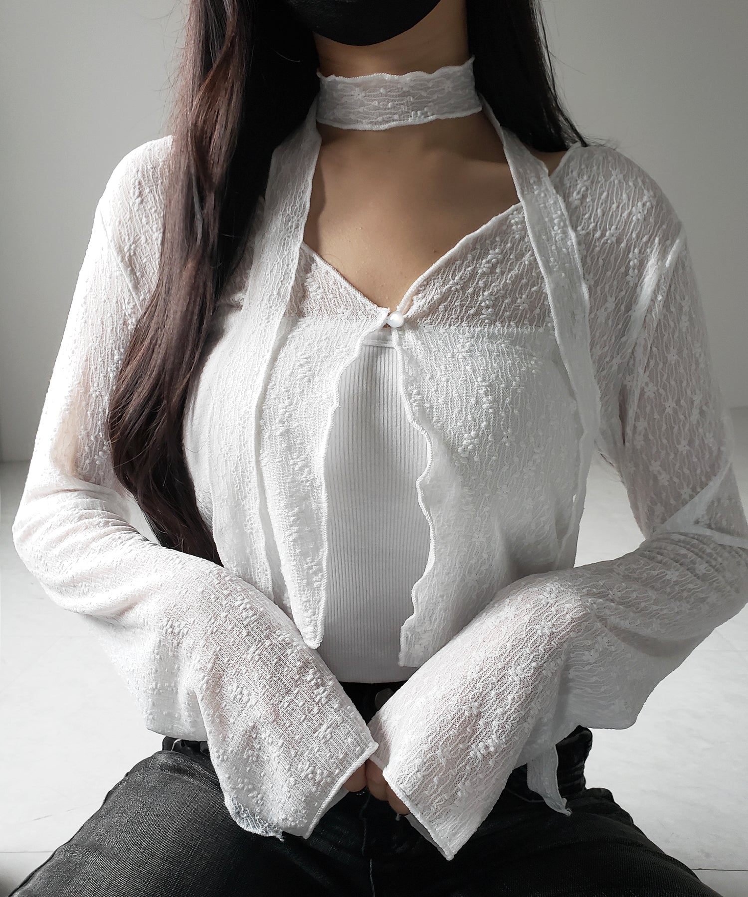 【 2color / 2WAY 】チョーカーロングタイ付きショートシアーカーディガン / choker long tie set short sheer cardigan