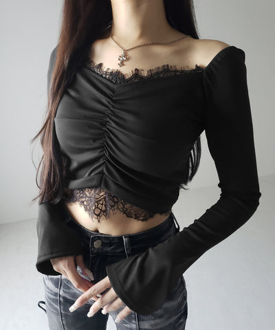 レースドッキングシャーリングショートカットソートップス / lace docking shirring short cutsew tops