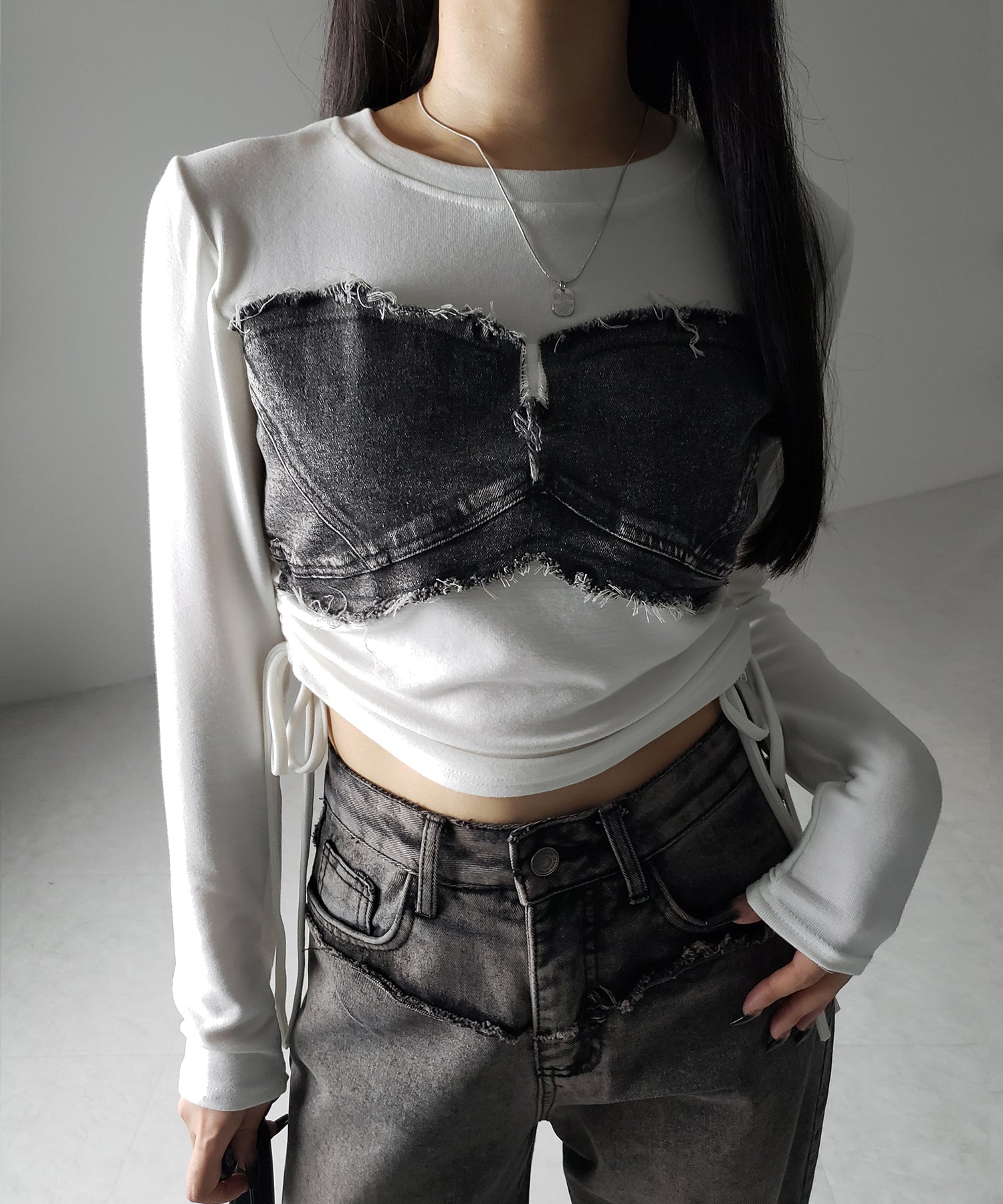 【 2color 】サイドリボンダメージデニムドッキングTシャツ / side ribbon damage denim docking Tee