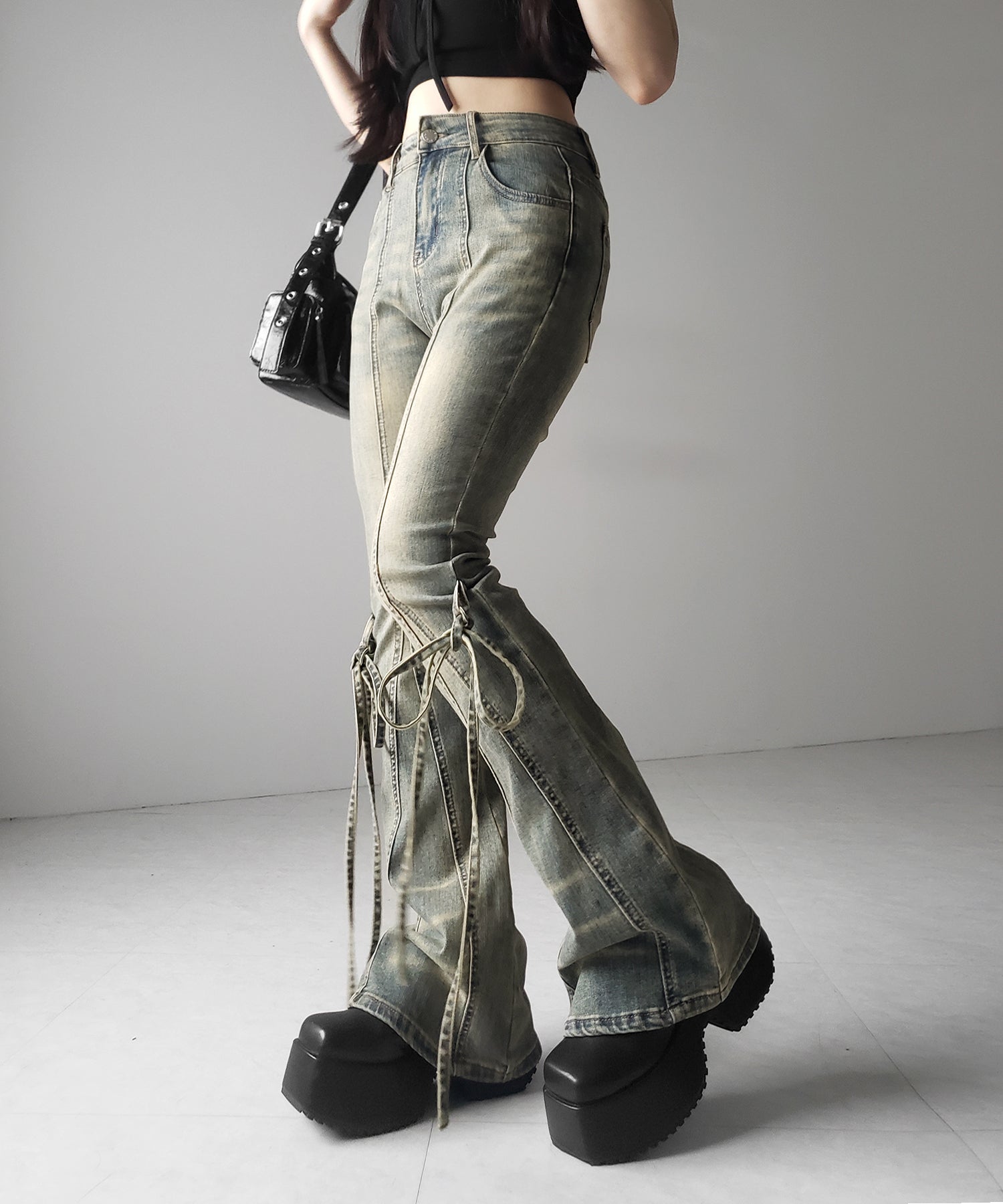 【 2color / 4size 】ストラップリボンヴィンテージストレッチフレアデニム / strap ribbon vintage stretch flare denim