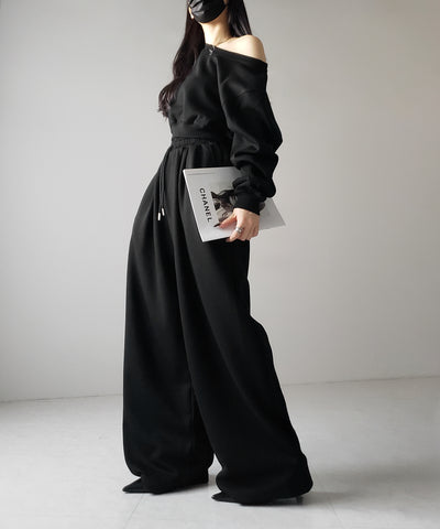 【 セットアップ 】ワンショルダーショートスウェットトップス + タックワイドパンツ SET / off shoulder short sweat tops & tack wide pants SET