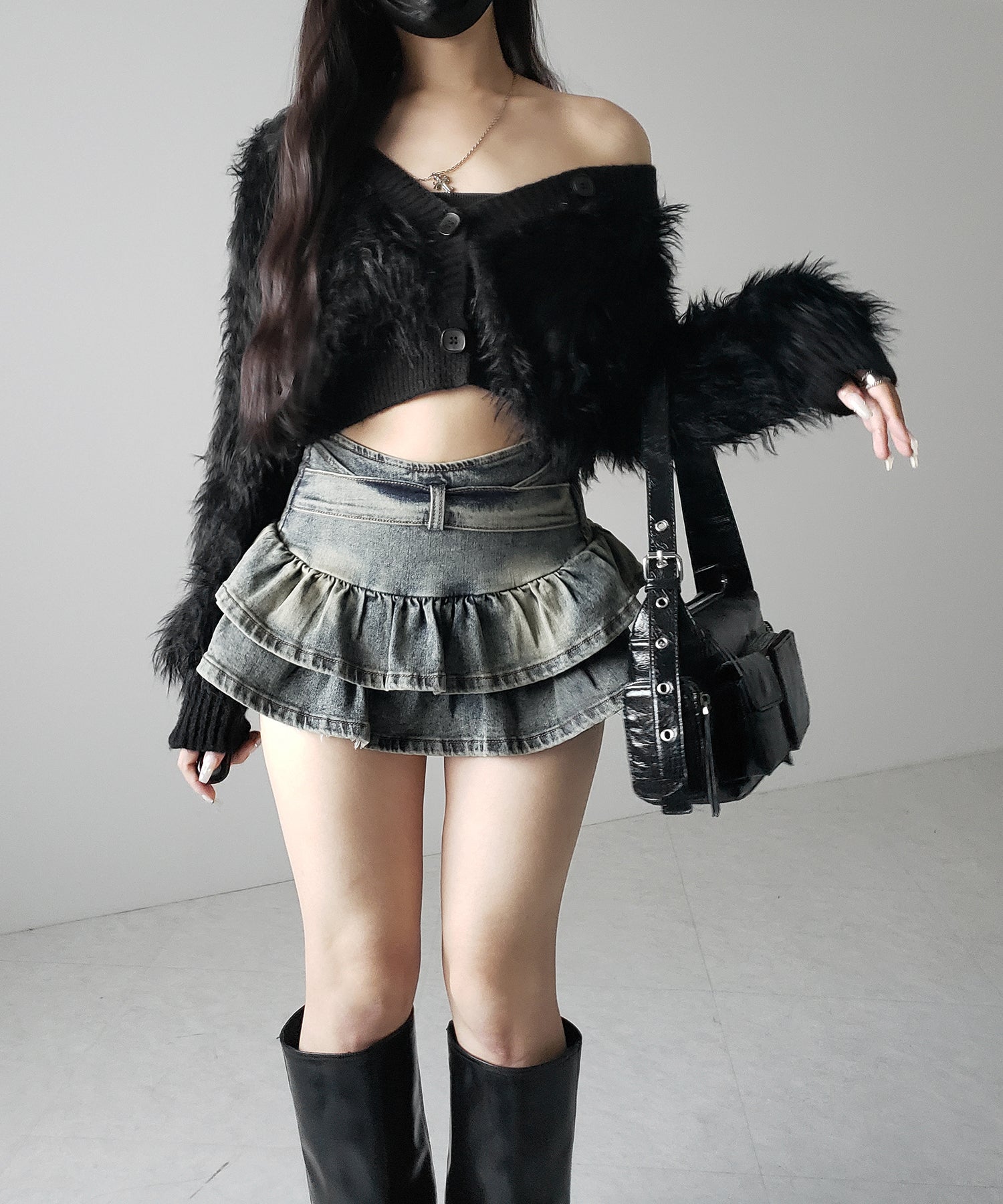 【 2color 】ベルテッドフリルヴィンテージデニムミニスカパン / Belted frill vintage denim mini skirt pants