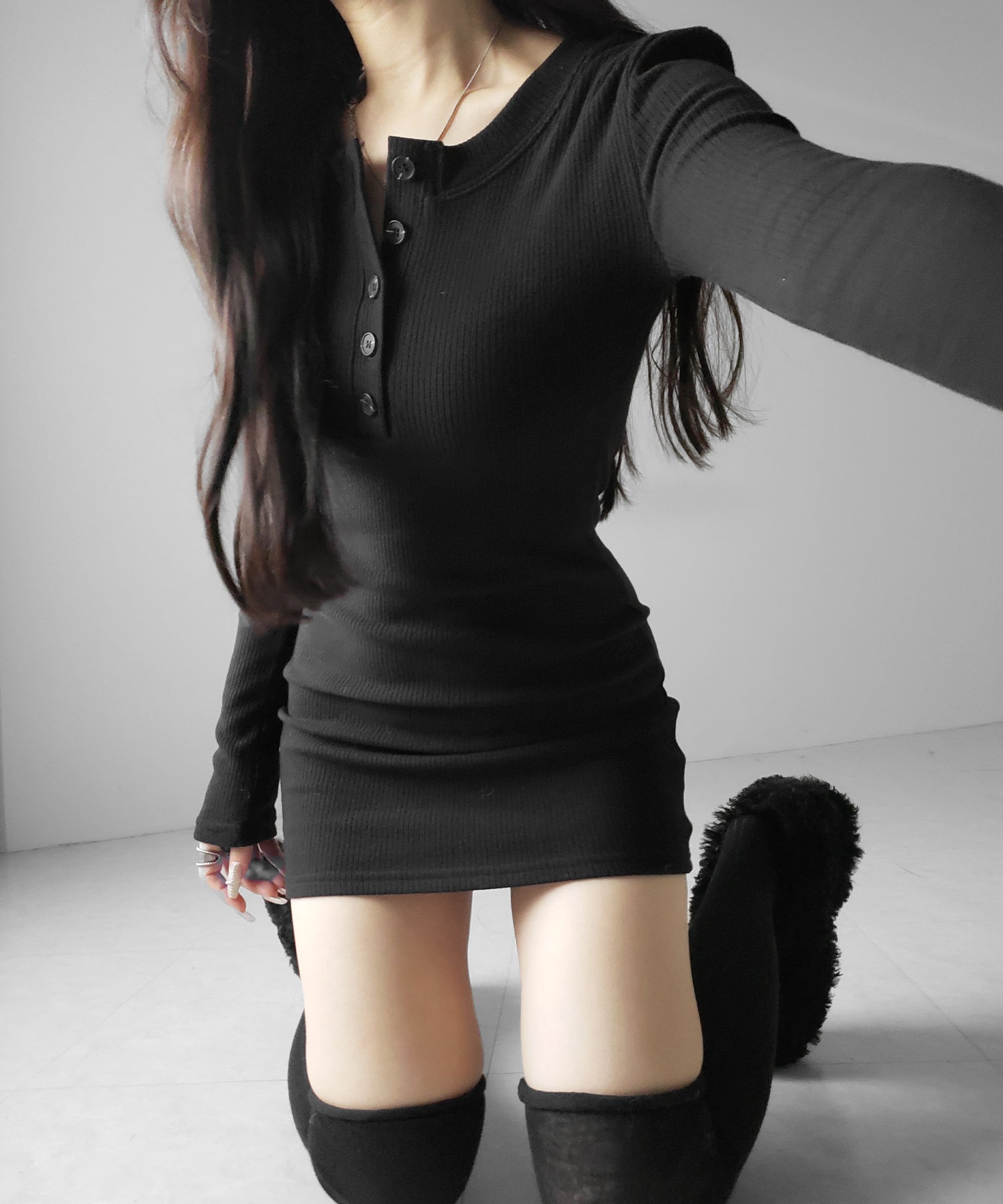 裏起毛ヘンリーネックタイトミニワンピース / urakimo henley neck tight mini onepiece