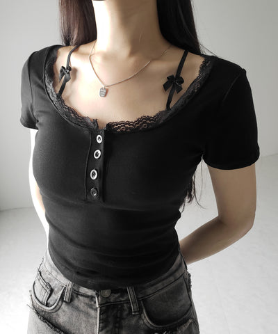 ストラップダブルリボンスクエアネックTシャツ / strap double ribbon square neck T-shirt