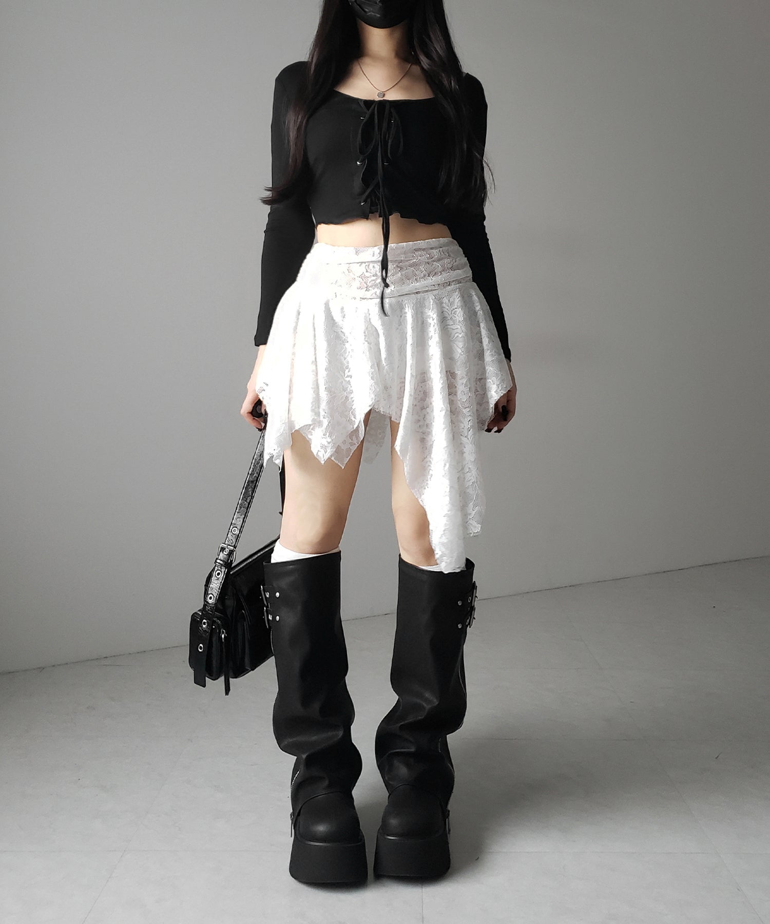 【 3color 】レースアップフロントリボンショートスリムトップス / lace up front ribbon short slim tops