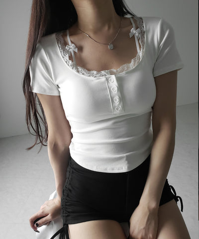 ストラップダブルリボンスクエアネックTシャツ / strap double ribbon square neck T-shirt