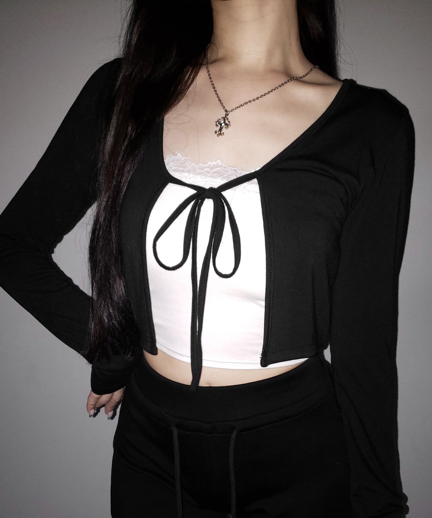 【 2color 】フロントリボンカットソーショートカーディガン / front ribbon cutsew short cardigan