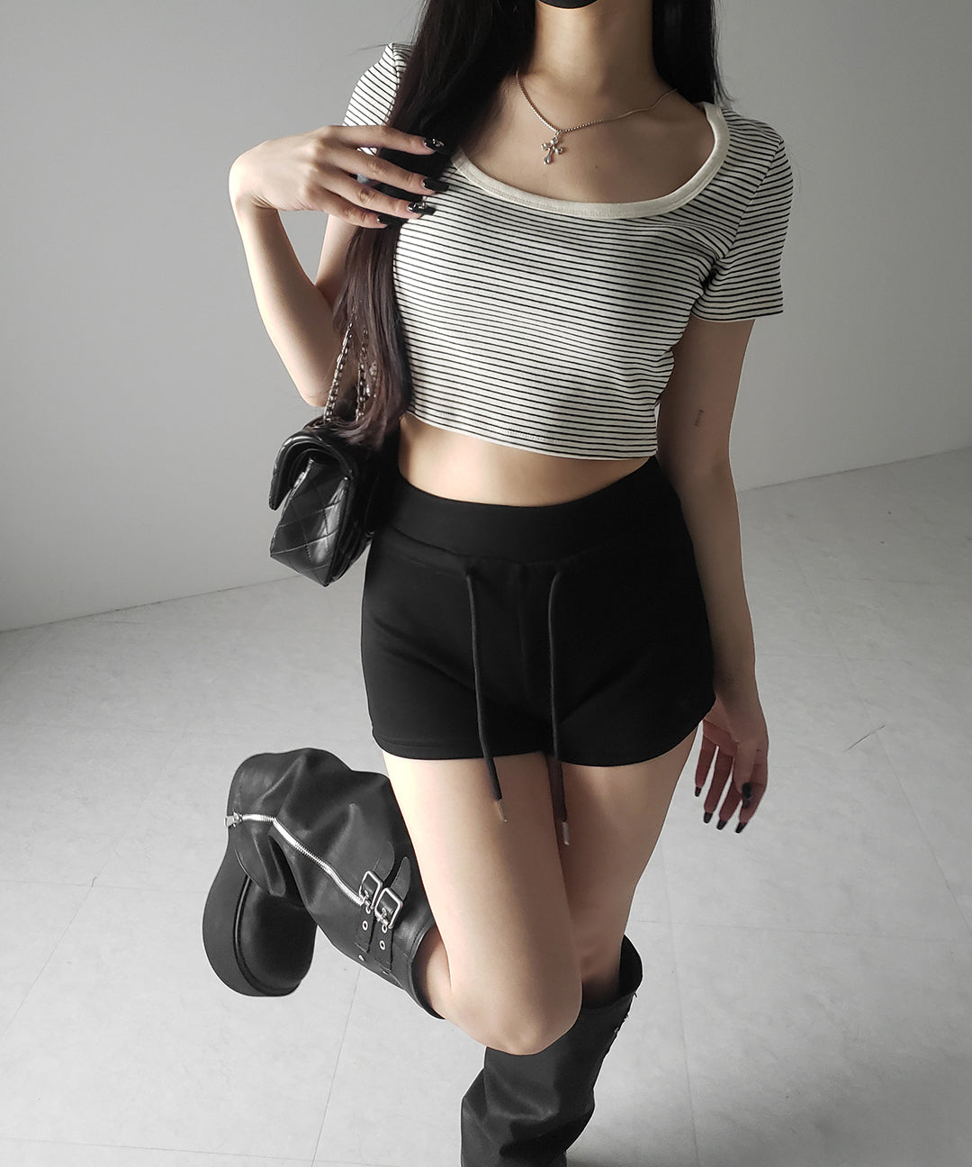 ピンボーダースクエアネックショートTシャツ / pin border square neck short T-shirt