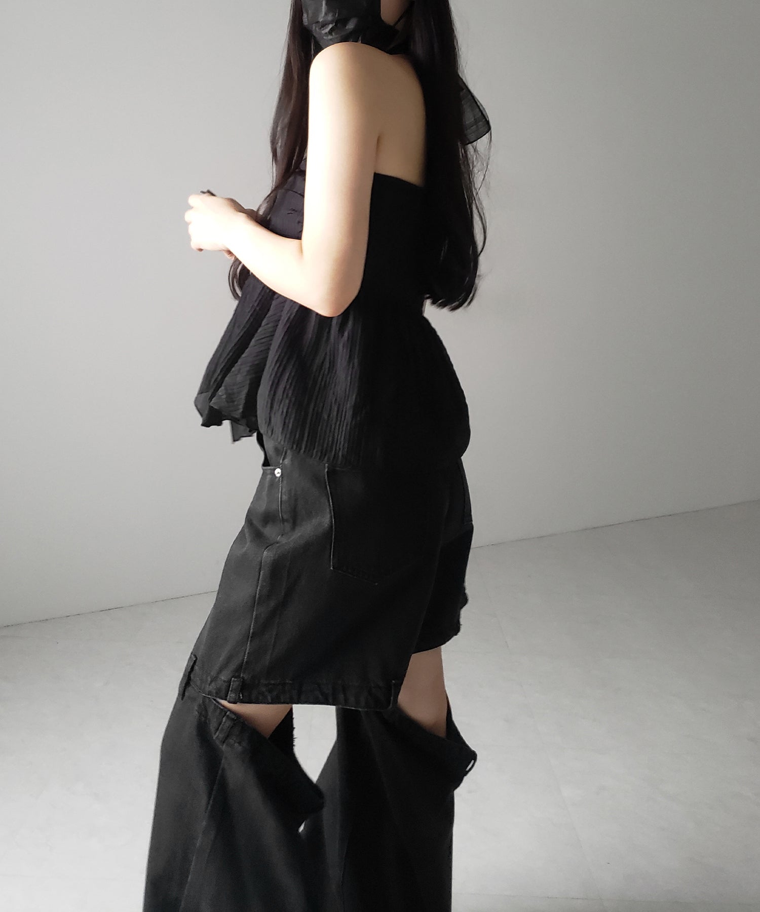 【 チョーカータイ付 】シャーリングリボンペプラムシフォンビスチェトップス / choker tie set shirring ribbon peplum chiffon bustier tops