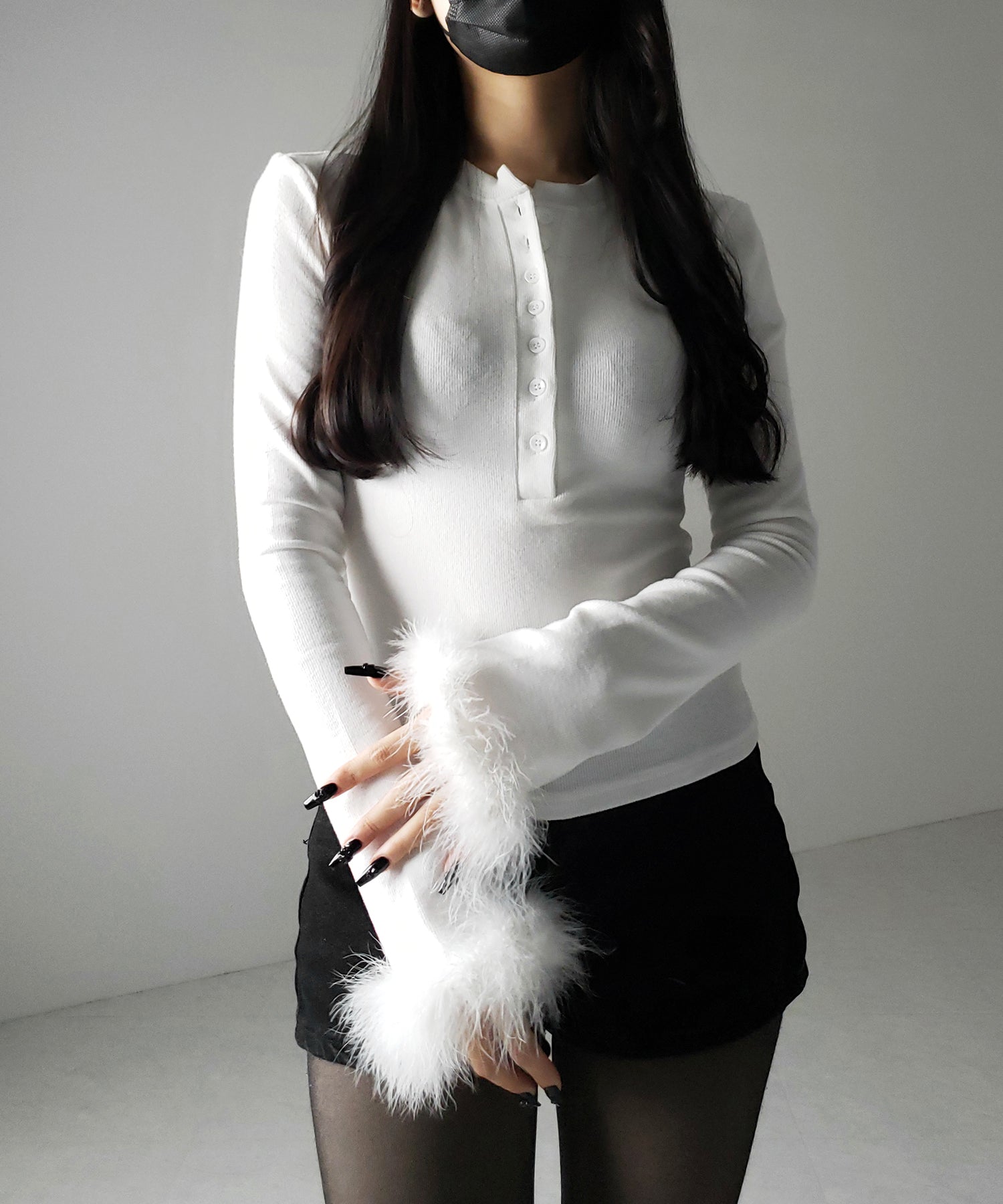 【 2color 】ファースリーブヘンリーネックリブトップス / fur sleeve henley neck lib tops