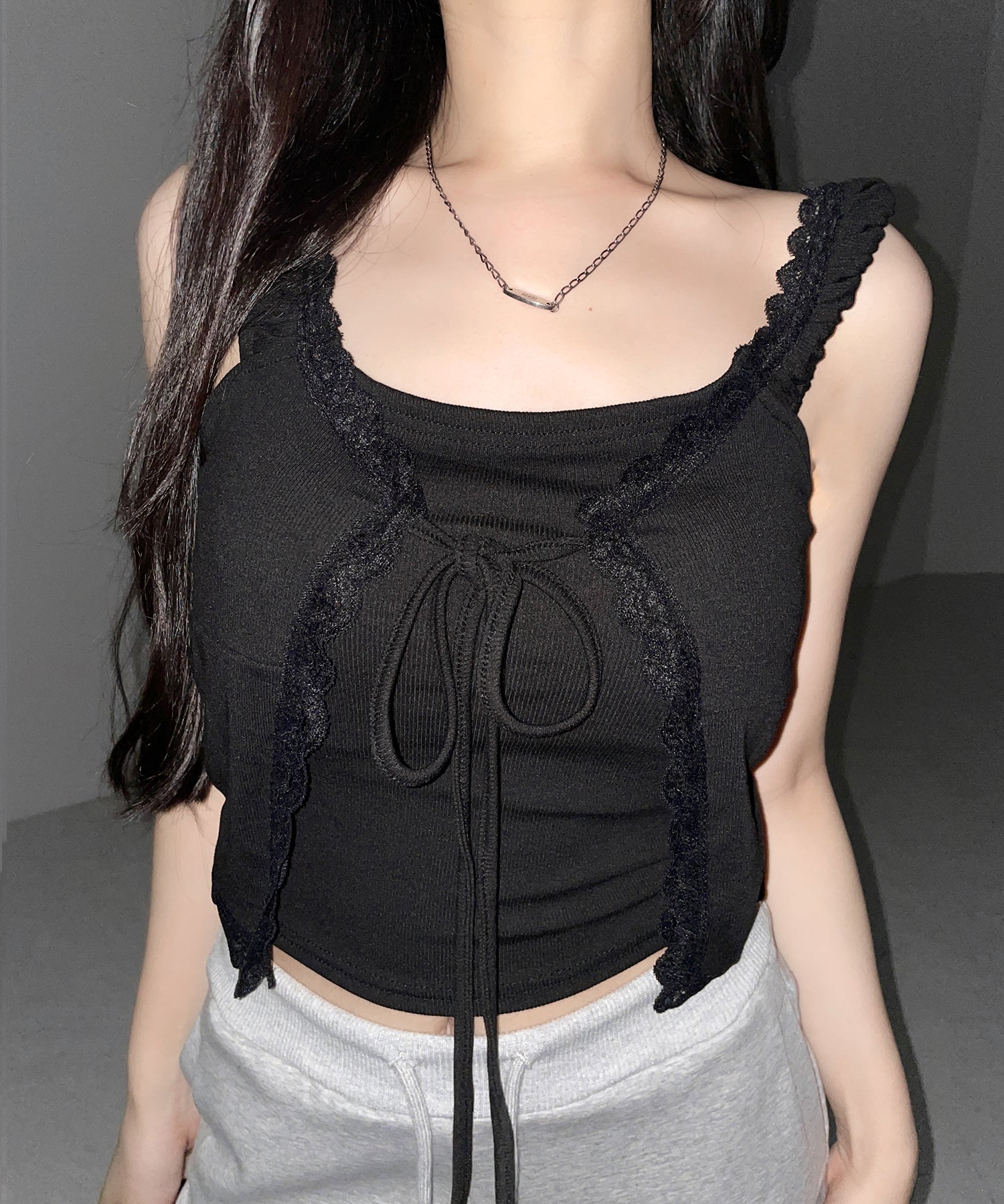 フロントリボンレイヤードリブキャミタンク / front ribbon layered lib camisole tank