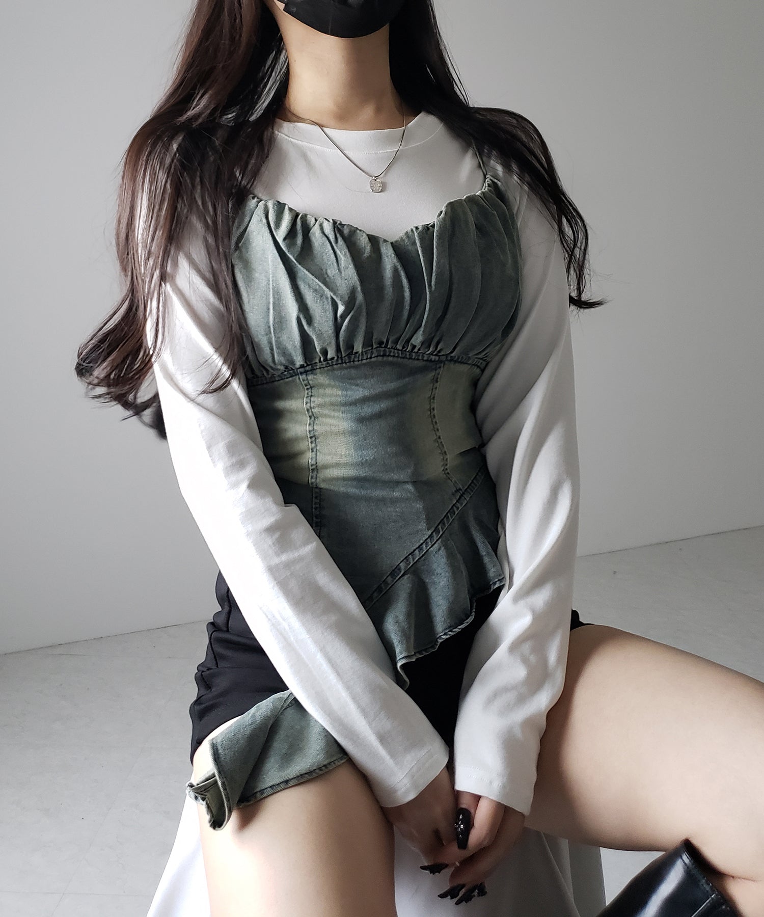 【 2点セット 】ヴィンテージデニムビスチェ & レイヤードTシャツセット / vintage denim bustier & layered T-shirts set