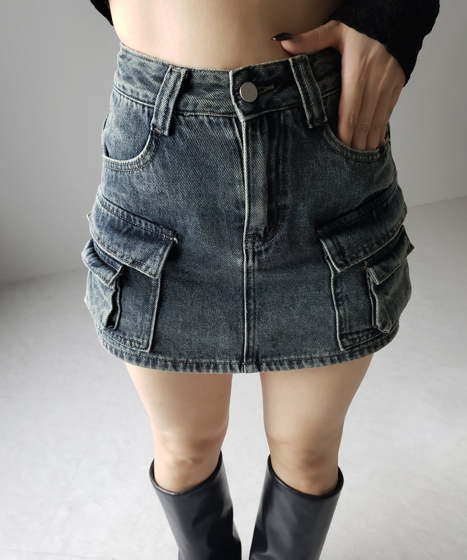 【 3size / 2color 】ダブルポケットヴィンテージカーゴデニムミニスカパン / double pocket vintage cargo denim mini skirt pants