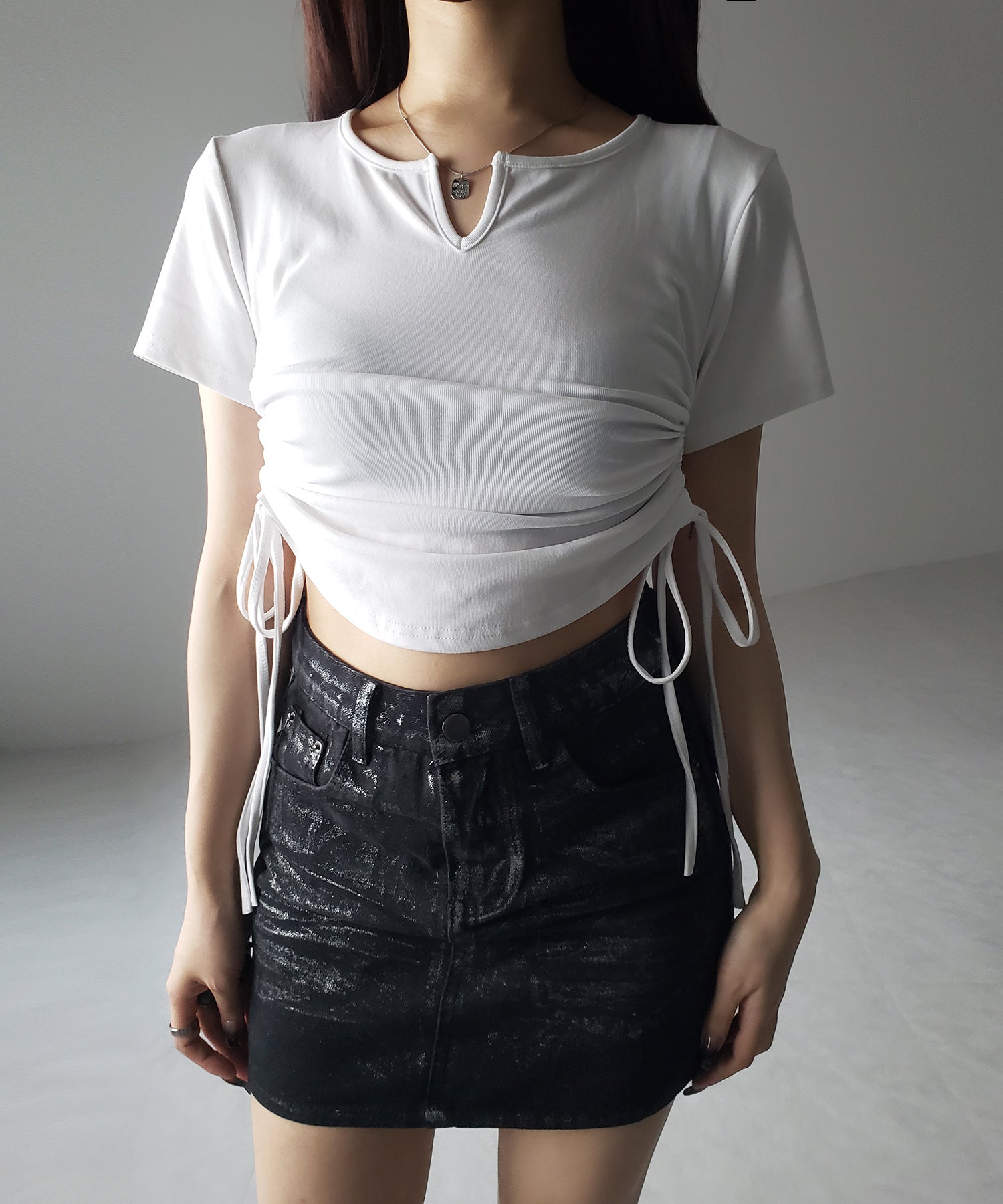 【 2color 】サイドシャーリングリボン半袖ショートTシャツ / side shirring ribbon short Tee