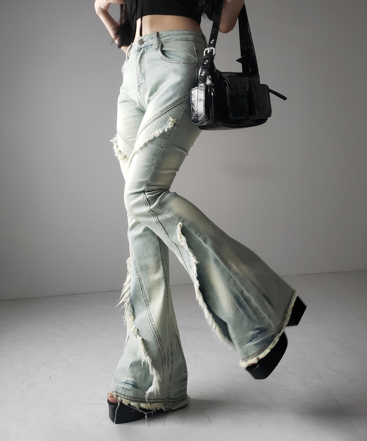 【 2color / 4size 】フリンジデザインヴィンテージライクストレッチフレアデニム / fringe design vintage-like stretch flare denim