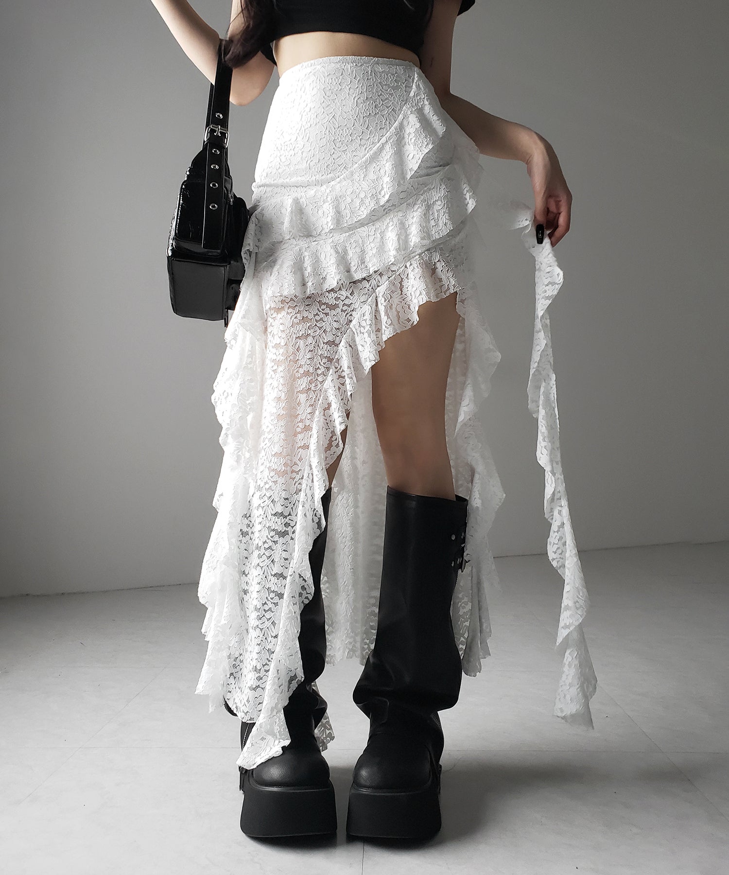 【 裏地付 】アシンメトリーフリルレーススリットロングスカート / asymmetry frill lace slit long skirt