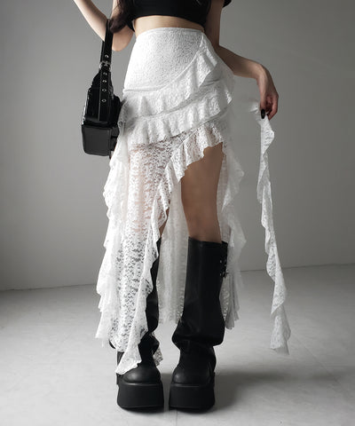 【 裏地付 】アシンメトリーフリルレーススリットロングスカート / asymmetry frill lace slit long skirt