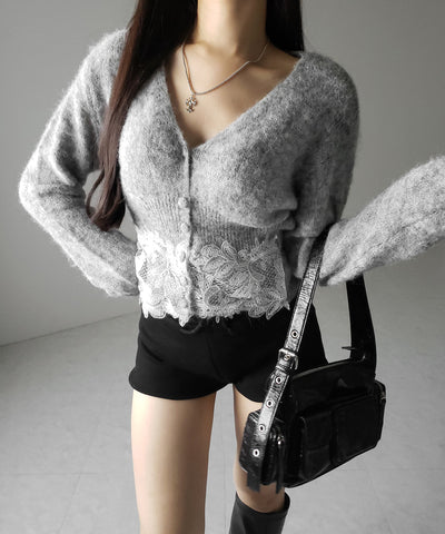 レースドッキングモヘアライクニットカーディガン / Lace docking mohair-like knit cardigan
