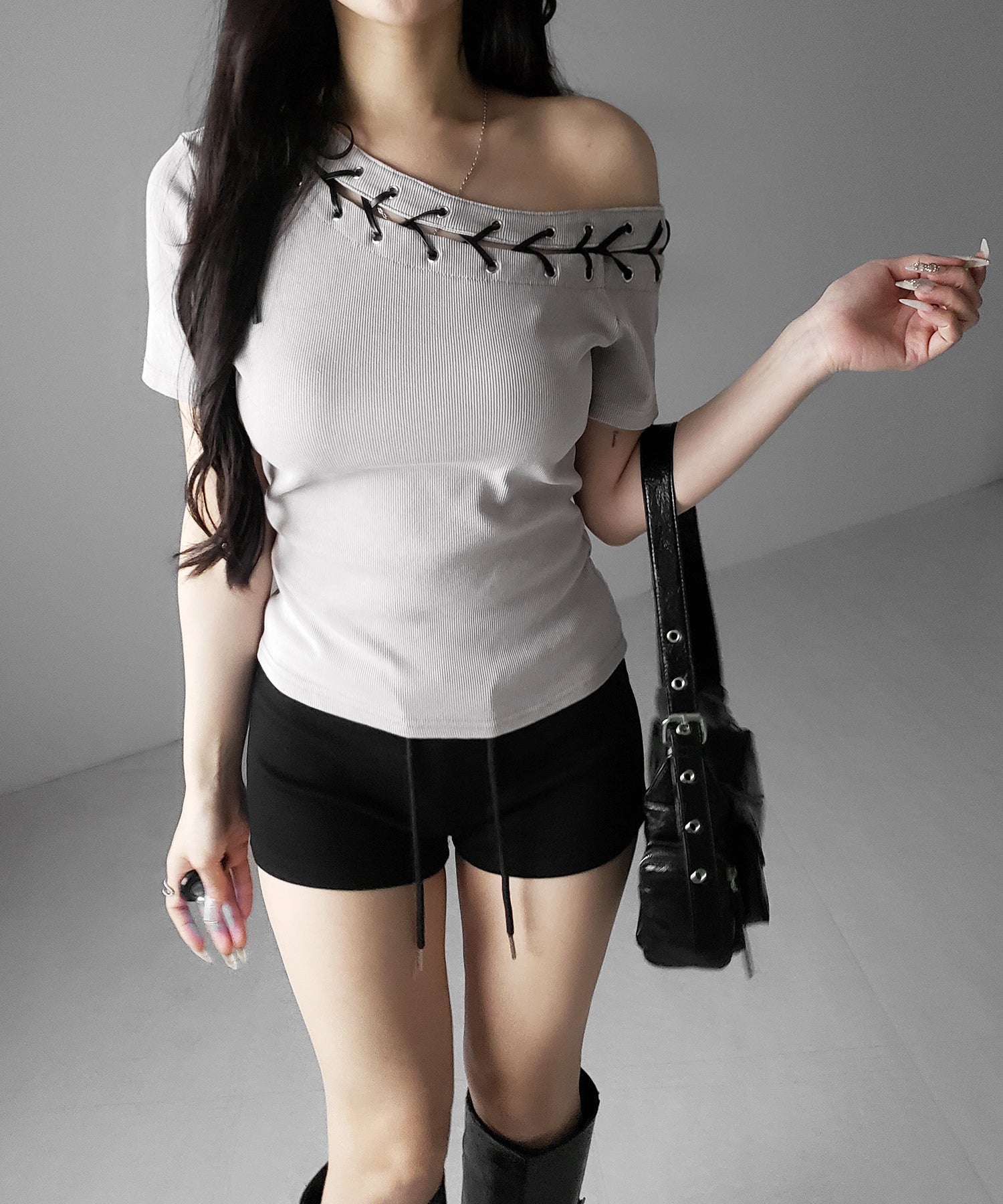 ヴィンテージカットアウトレースアップ半袖ワンショルリブトップス / vintage cutout laceup short sleeve one shoulder lib tops