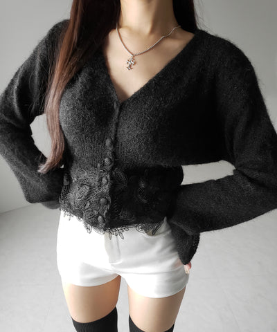 レースドッキングモヘアライクニットカーディガン / Lace docking mohair-like knit cardigan