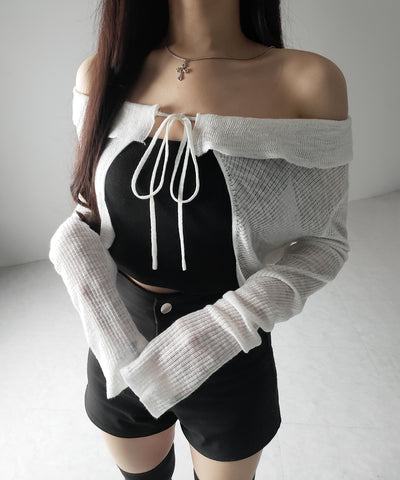 【 2color 】襟付きフロントリボンシアーニットショートカーディガン / collar front ribbon sheer knit short cardigan