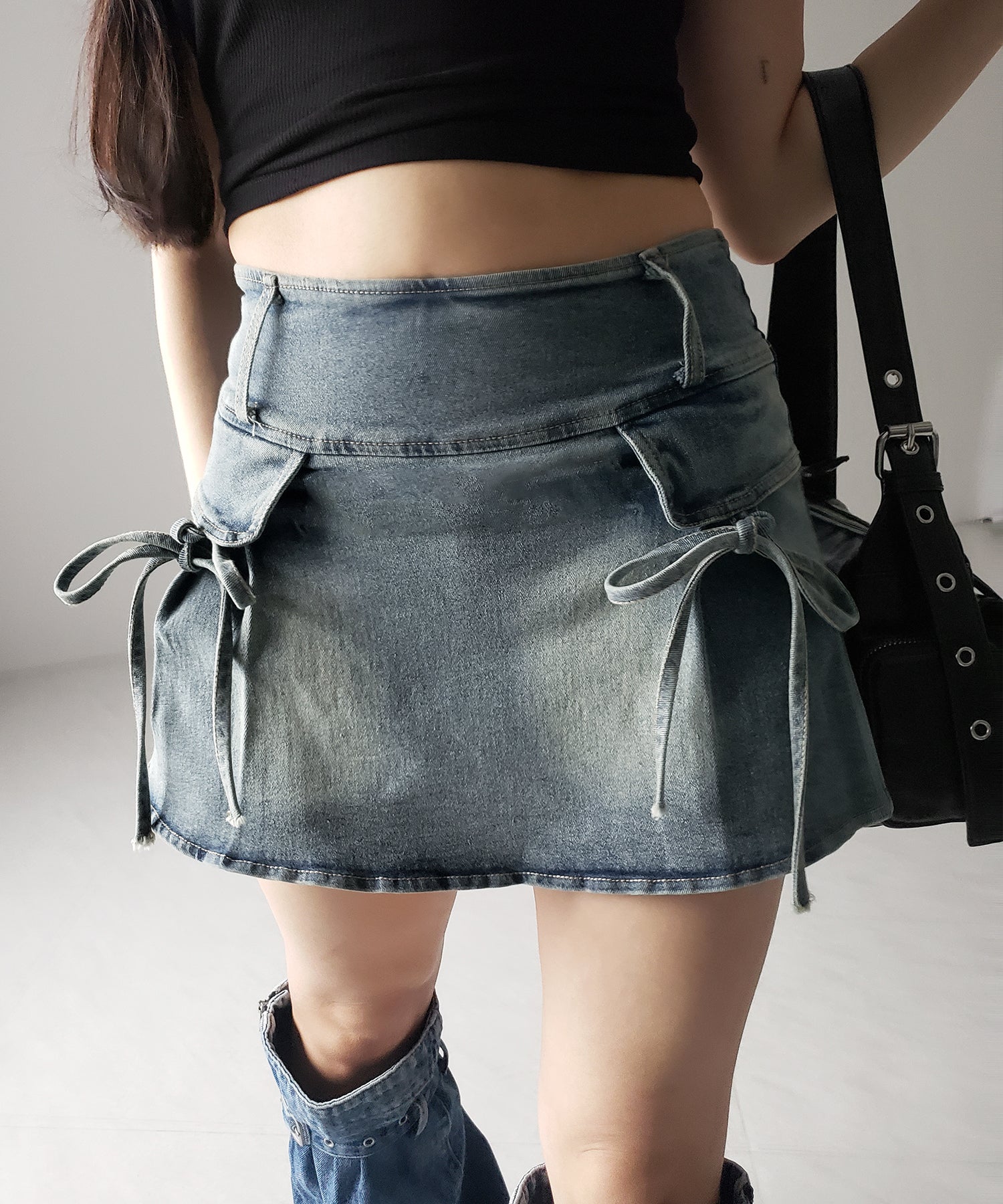 【 2color / 3size 】ヴィンテージライクリボンデニムミニスカパン / vintage like ribbon denim mini skirt pants